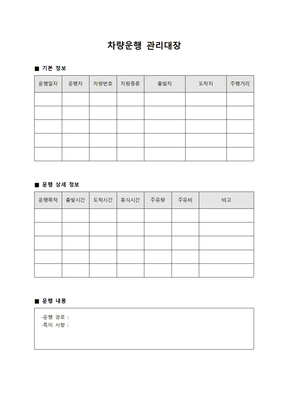 차량운행관리대장 (운행보고서)