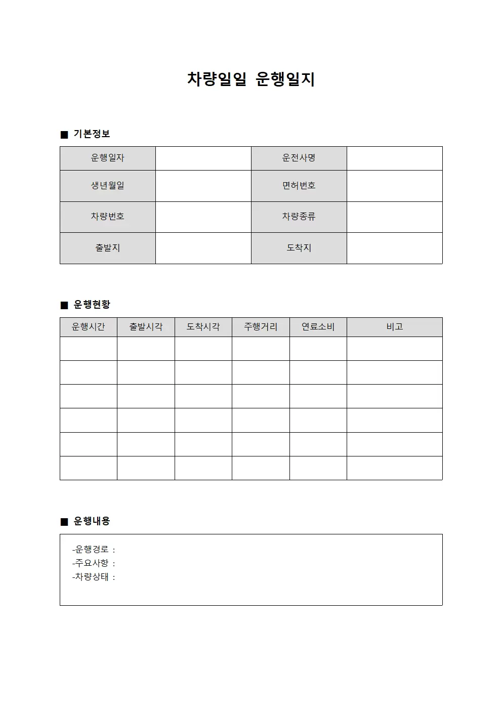 일일 차량일일운행일지 운행현황