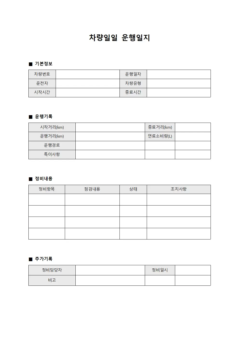 차량일일운행일지 - 정비내용 보고서