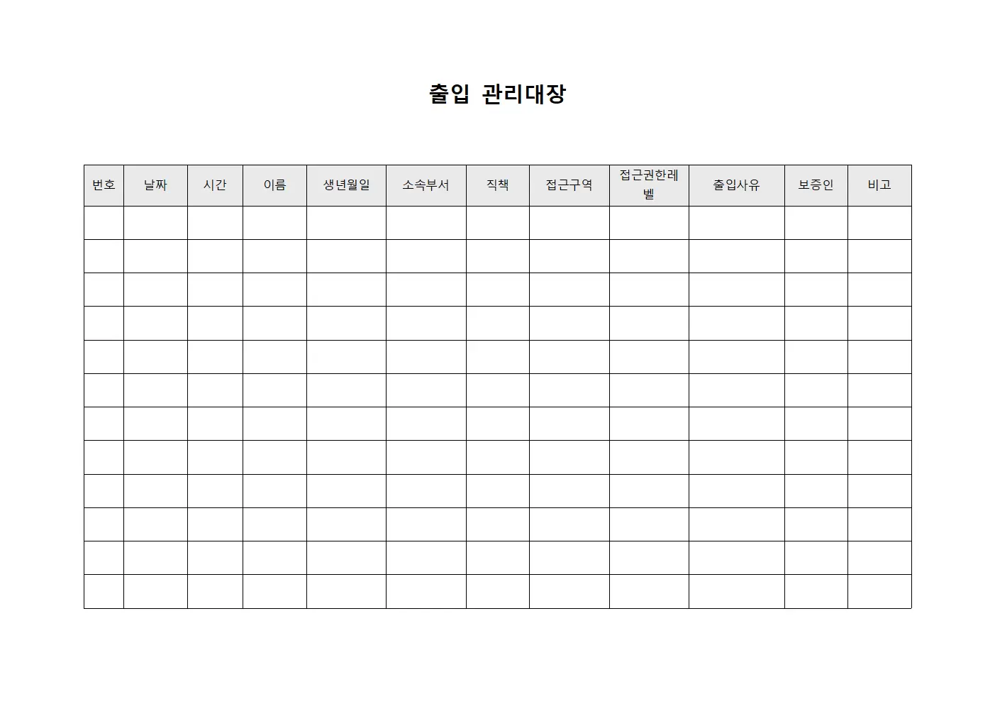부서별접근권한 출입관리대장 문서양식