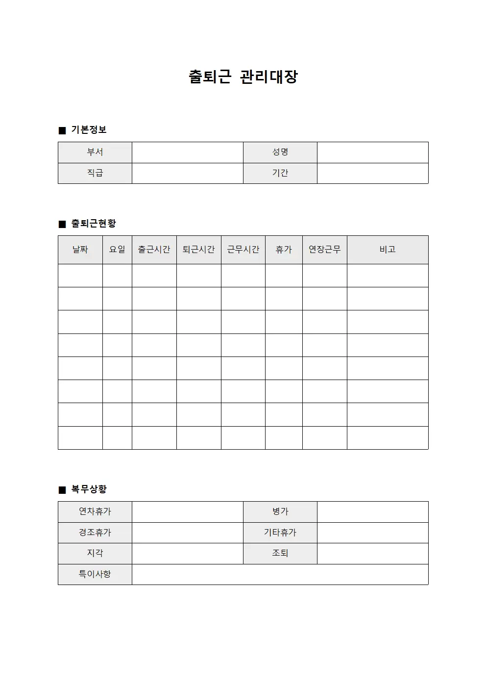 출퇴근관리대장 - 복무상황