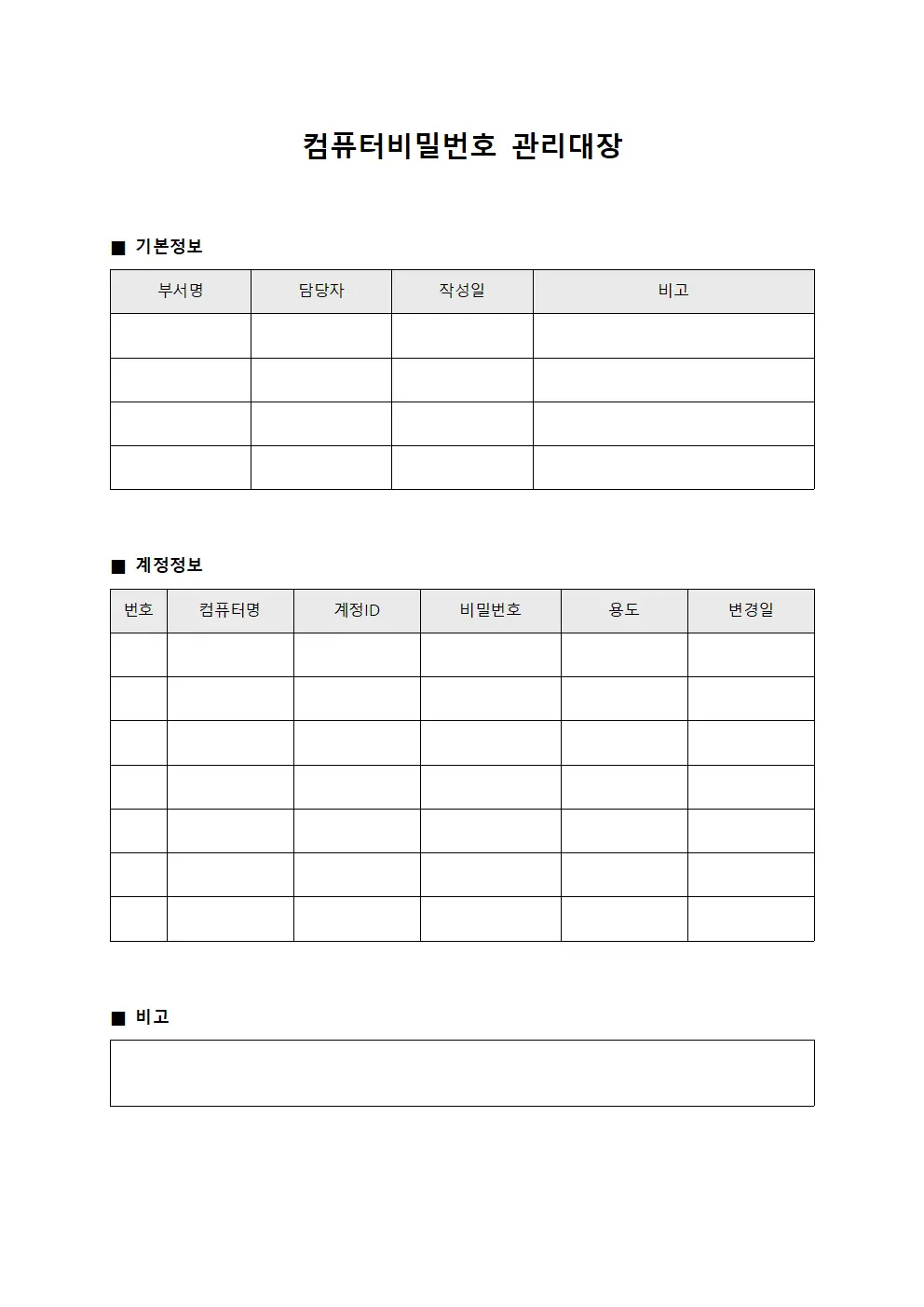 컴퓨터비밀번호관리대장 (부서별공용계정관리)