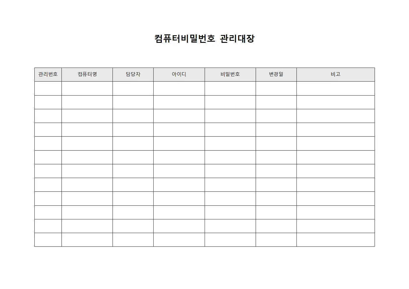 컴퓨터비밀번호관리대장 (출입통제책임자)