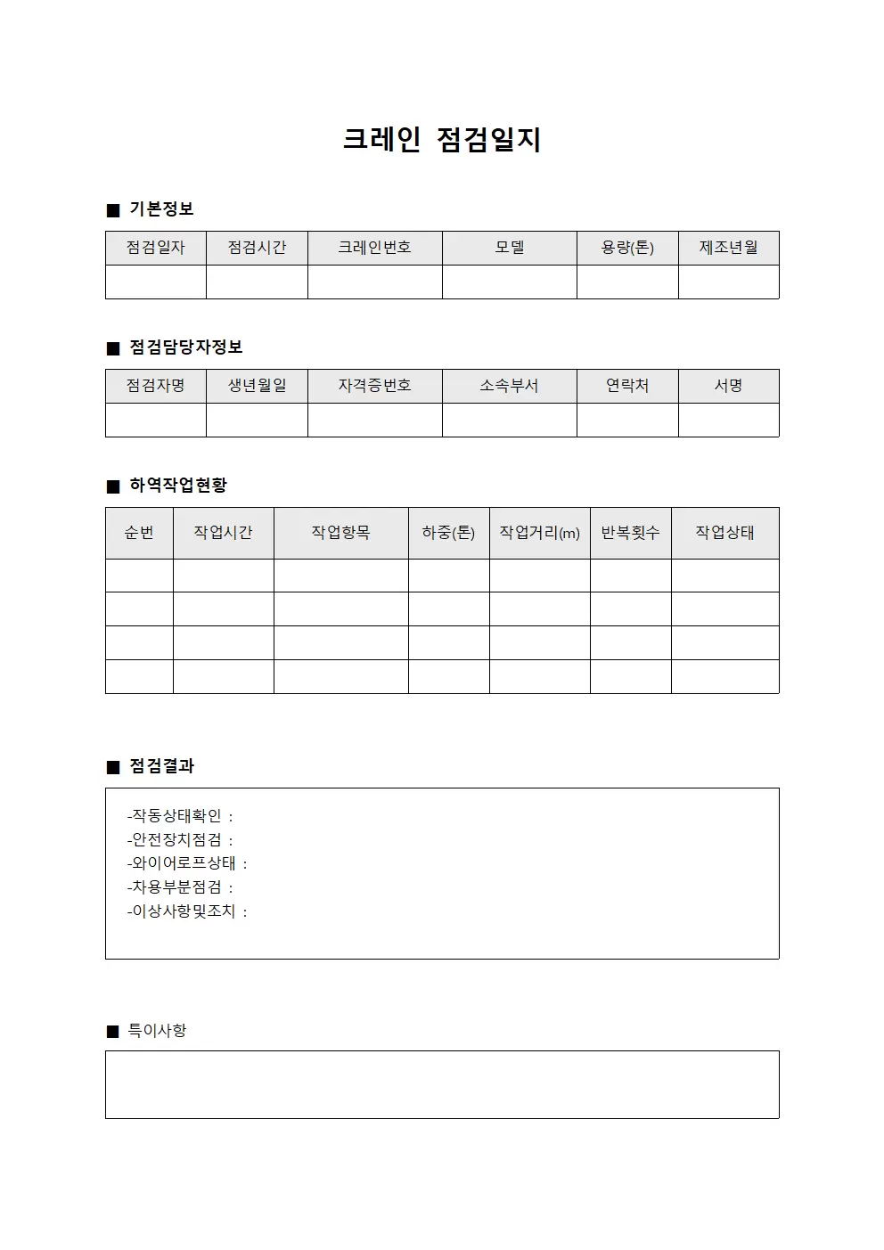 크레인점검일지 - 하역작업현황