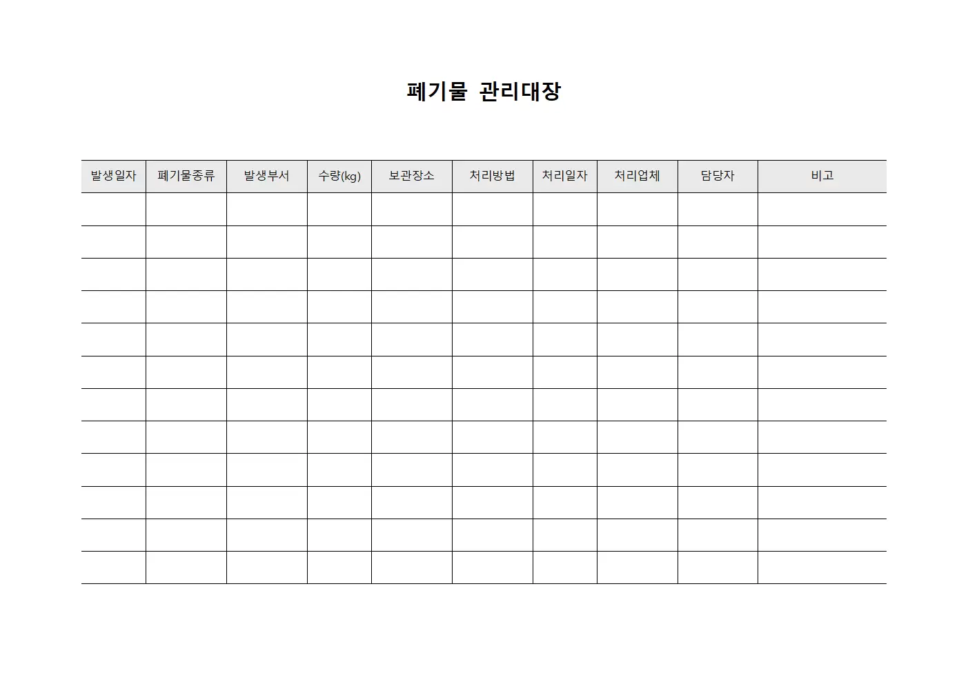 예방조치 폐기물관리대장 이행현황 서식.양식