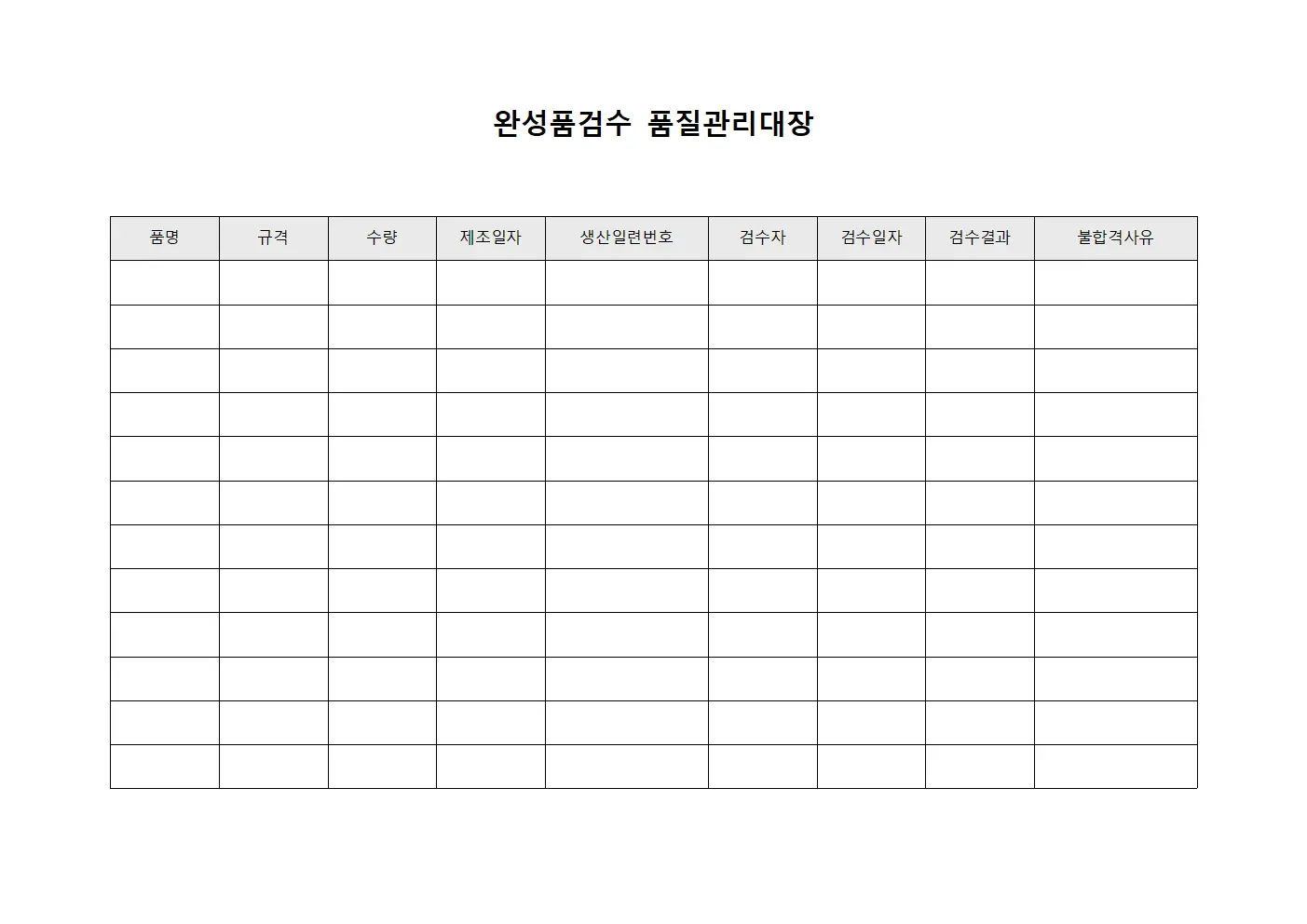 완성품검수 품질관리대장 템플릿 양식