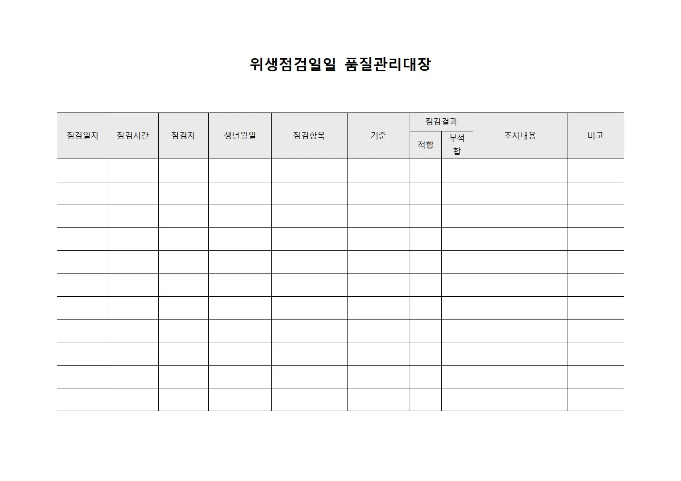 위생점검일일 품질관리대장 양식문서