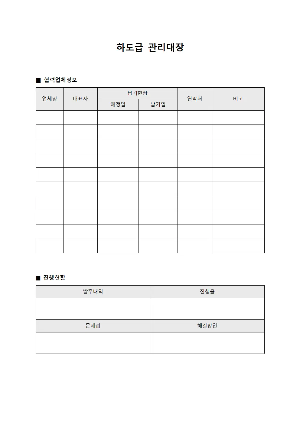 하도급관리대장 (협력업체납기현황)