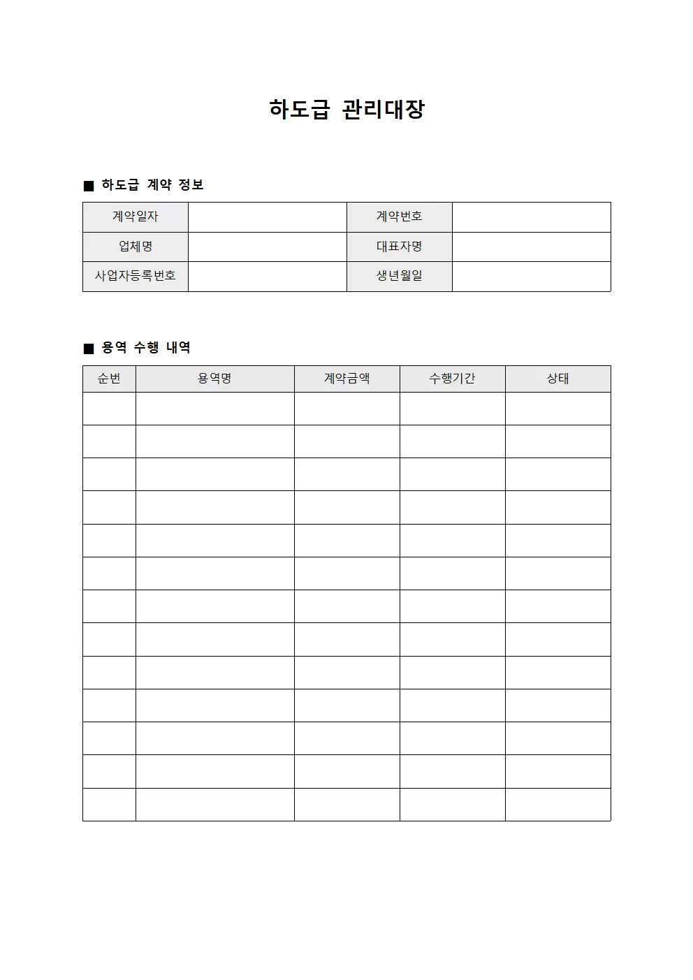 협력사용역료지급현황 하도급관리대장