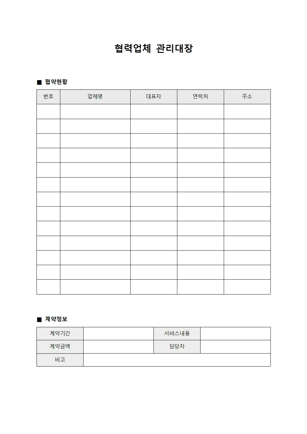 협력업체관리대장 (협약체결현황)