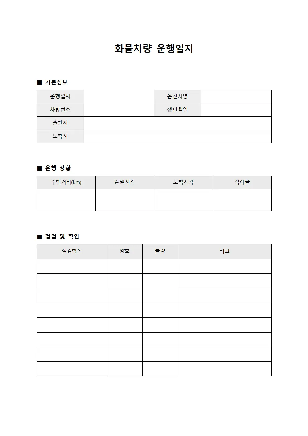 일간 화물차량운행일지 점검표 템플릿