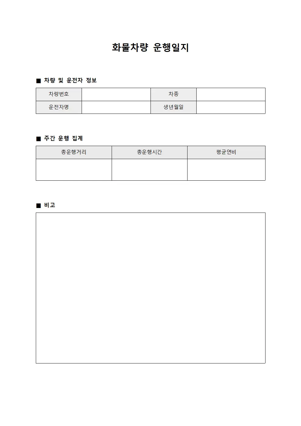 화물차량운행일지 - 주간 집계표