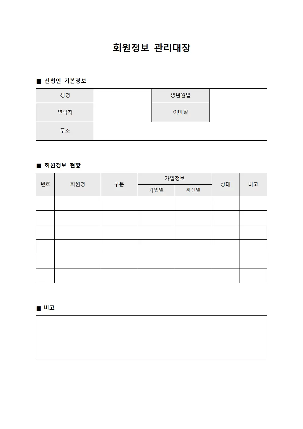 회원정보관리대장 (신청인 기본정보)