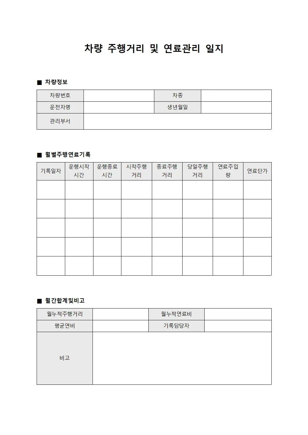 차량 주행거리 및 연료관리 일지