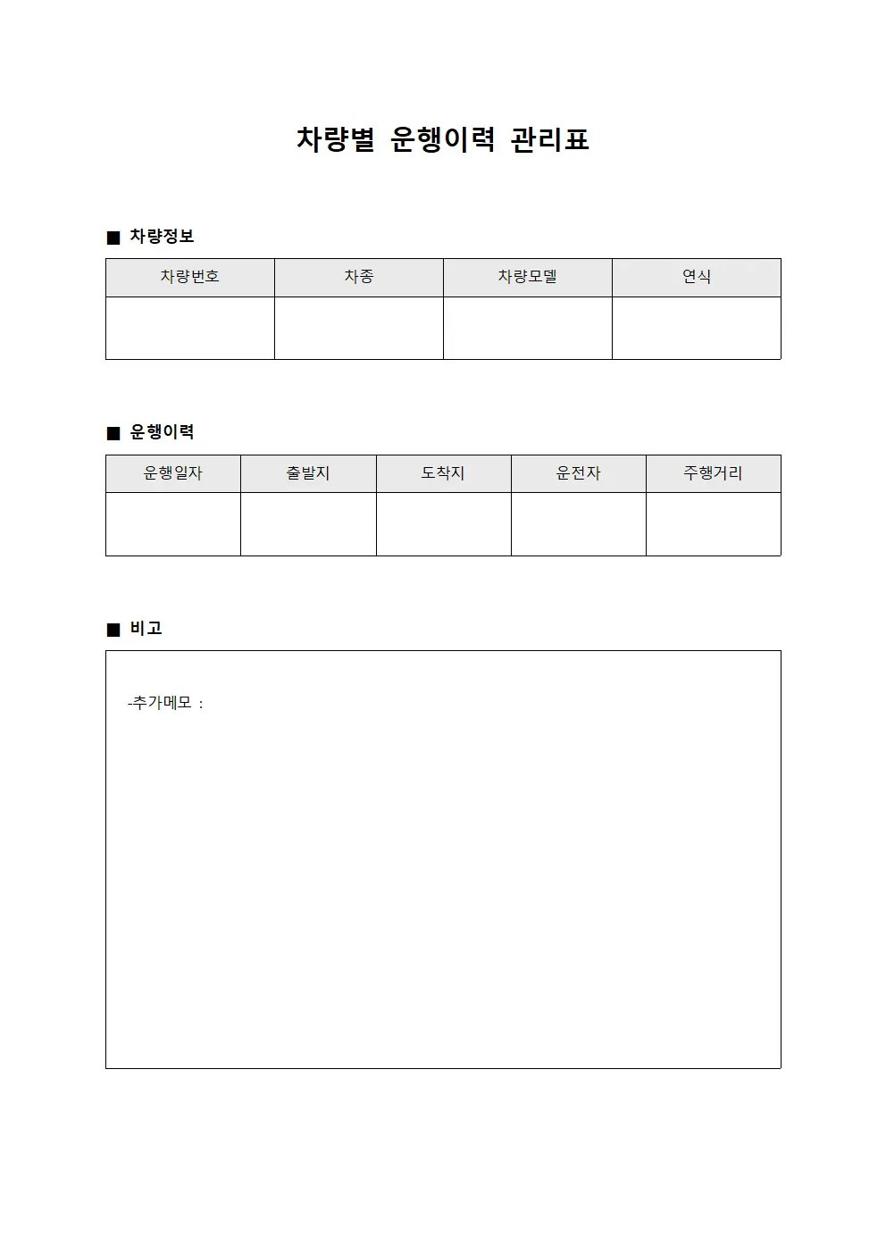 차량별 운행이력 관리표 문서양식