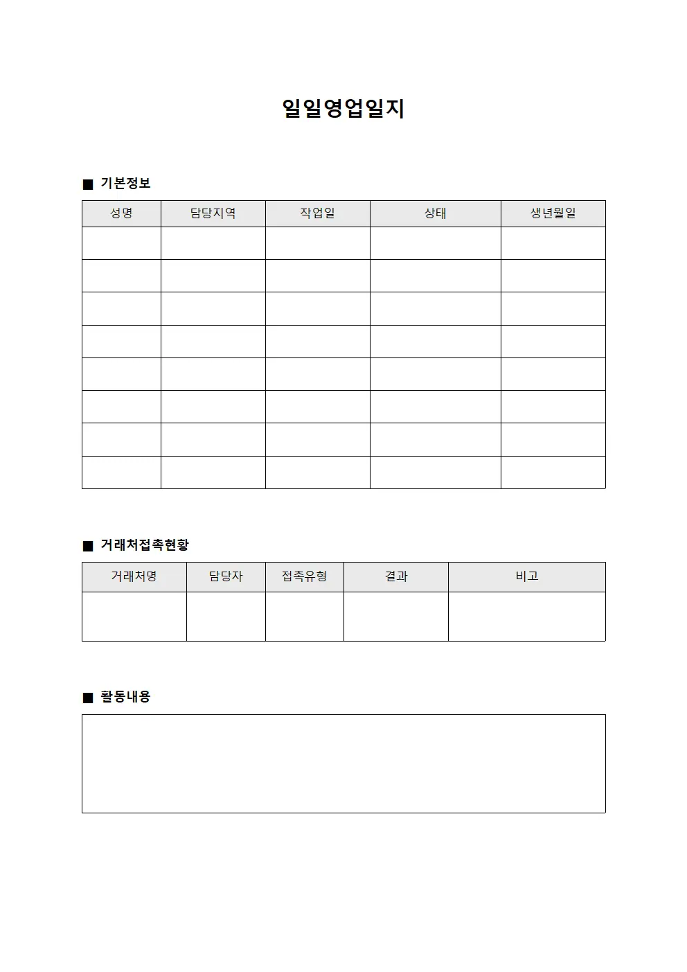 일일영업일지 템플릿