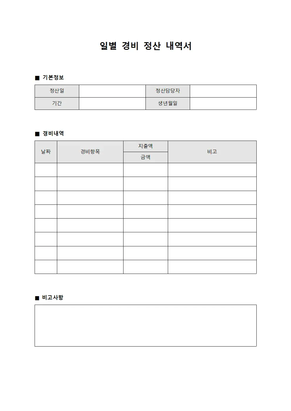 일별 경비 정산 내역서 서식문서