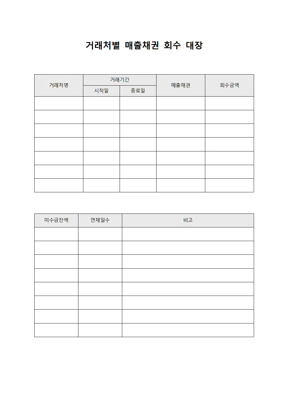 거래처별 매출채권 회수 대장 양식문서