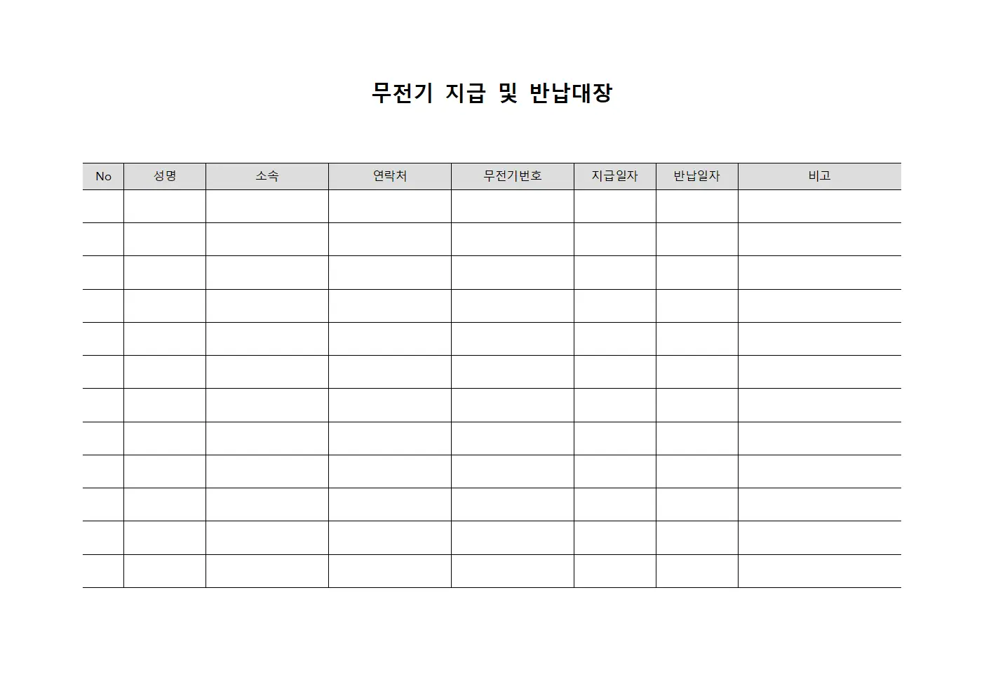 무전기 지급 및 반납대장