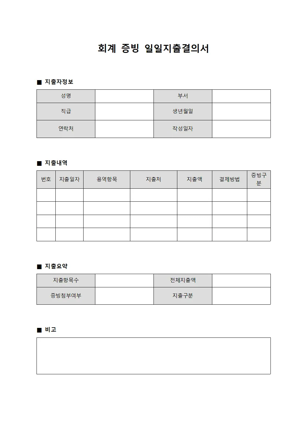 회계 증빙 일일지출결의서 파일양식