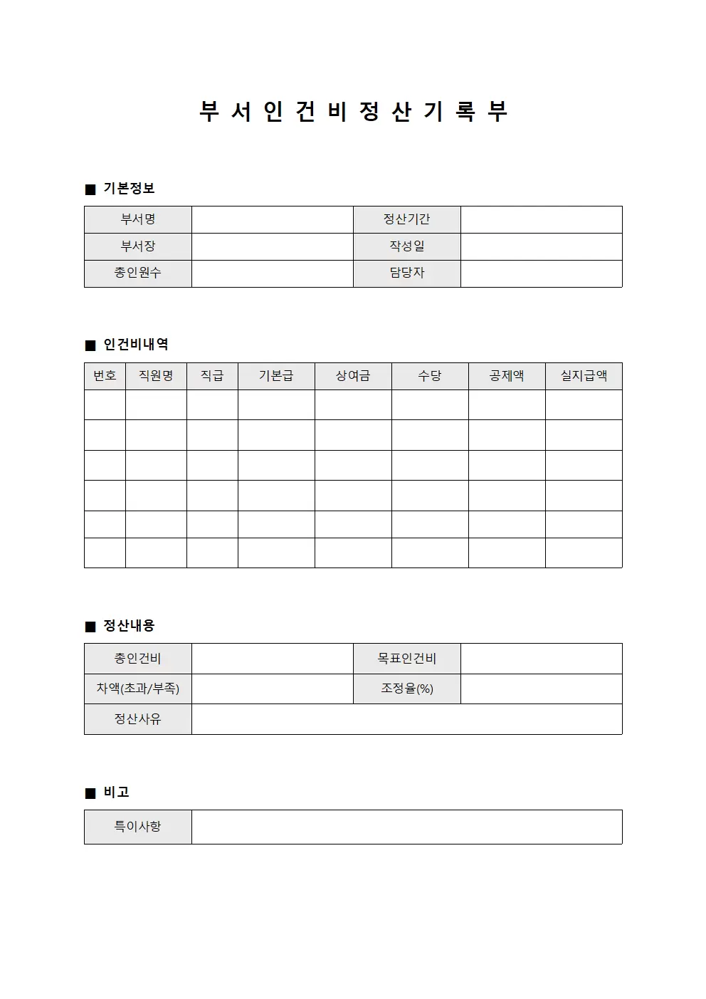 부서 인건비 정산 기록부