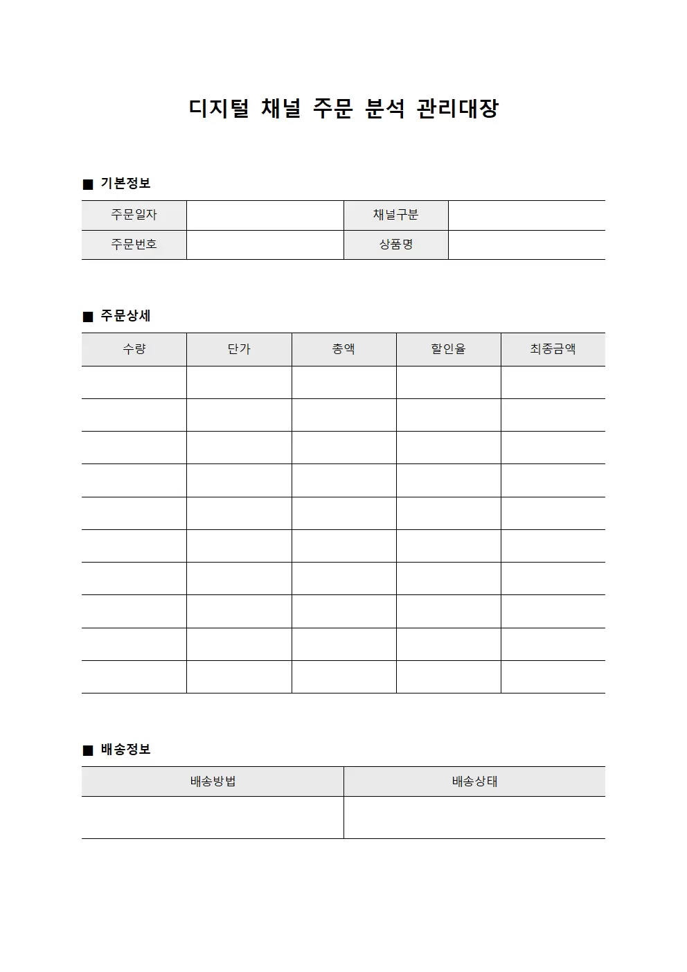 디지털 채널 주문 분석 관리대장