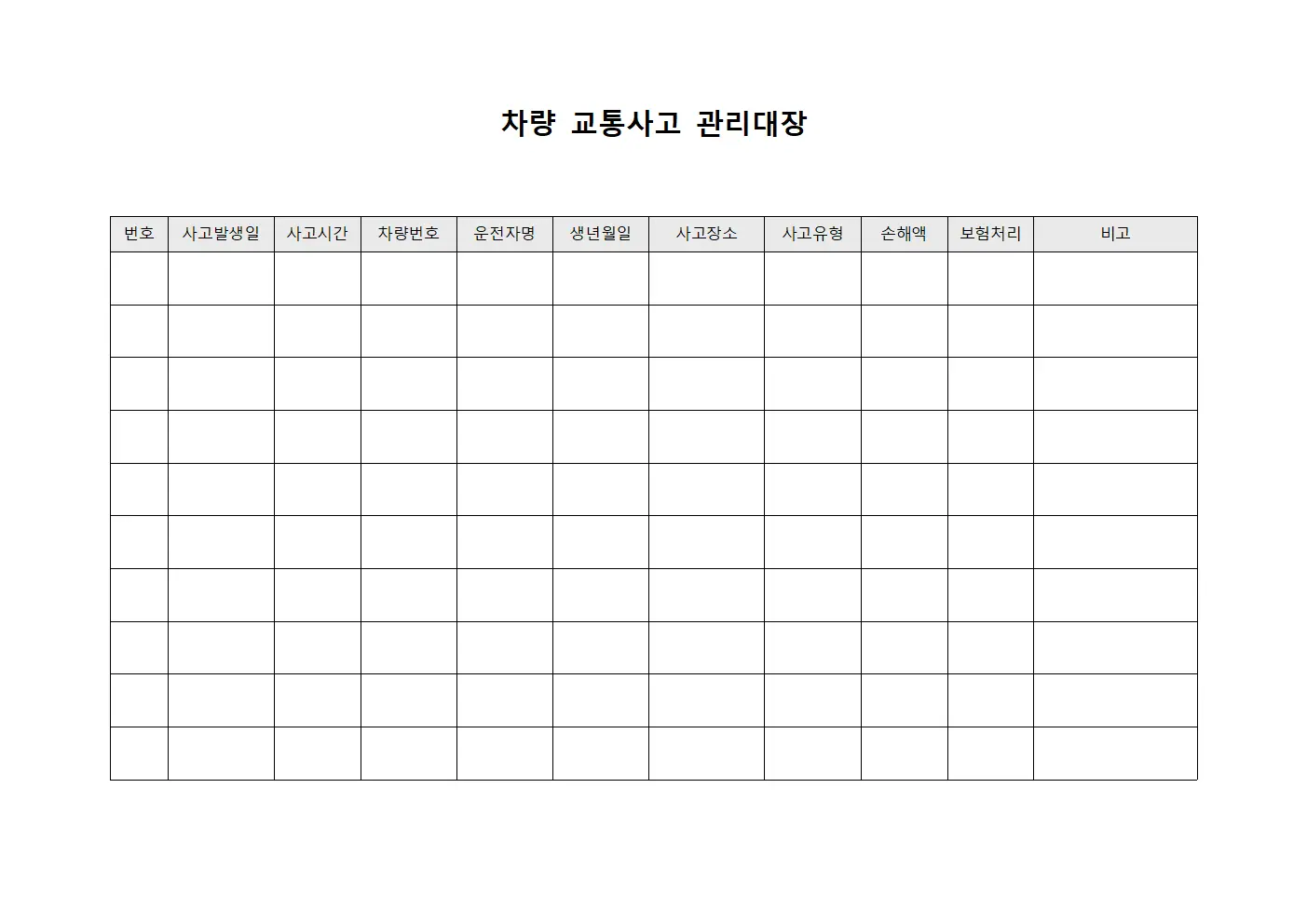 차량 교통사고 관리대장 템플릿