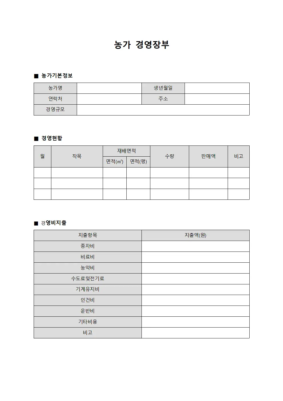 농가 경영장부 문서양식