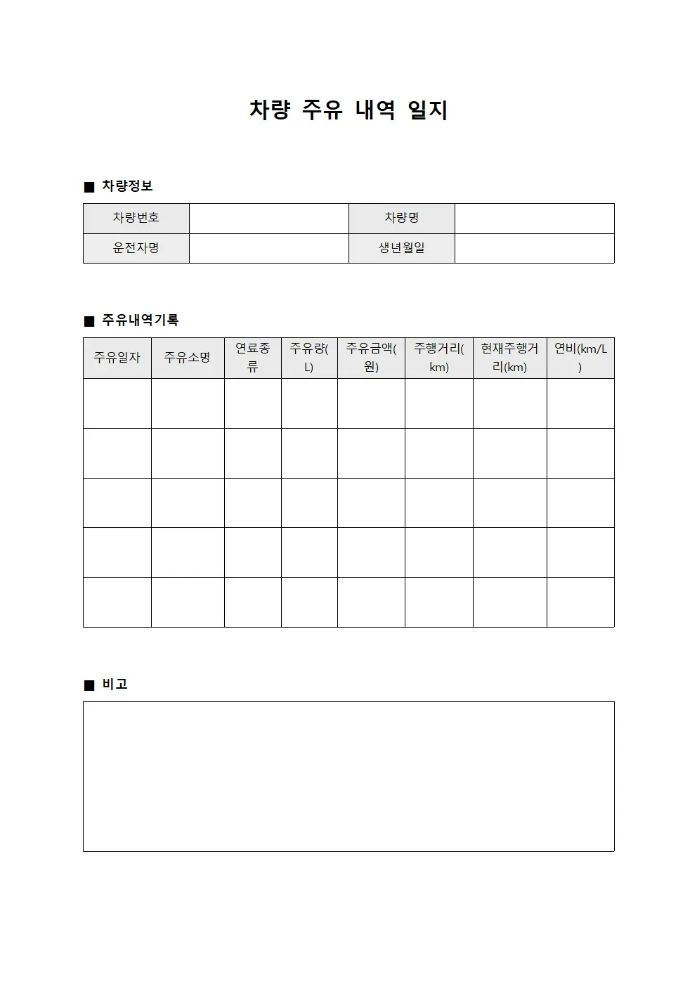 차량 주유 내역 일지 양식.서식
