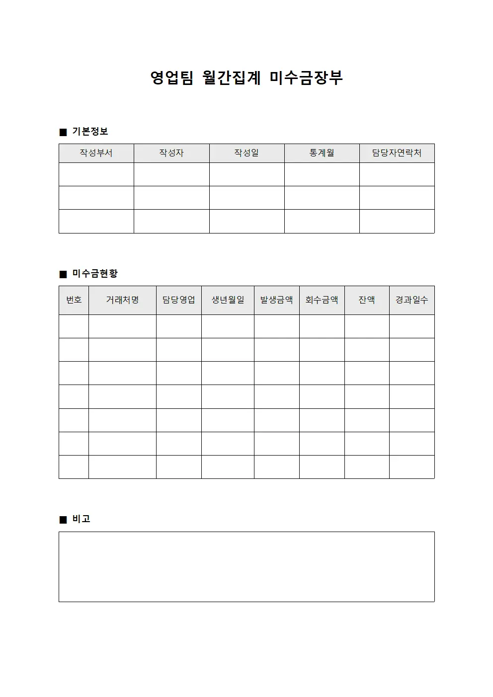 영업팀 월간집계 미수금장부
