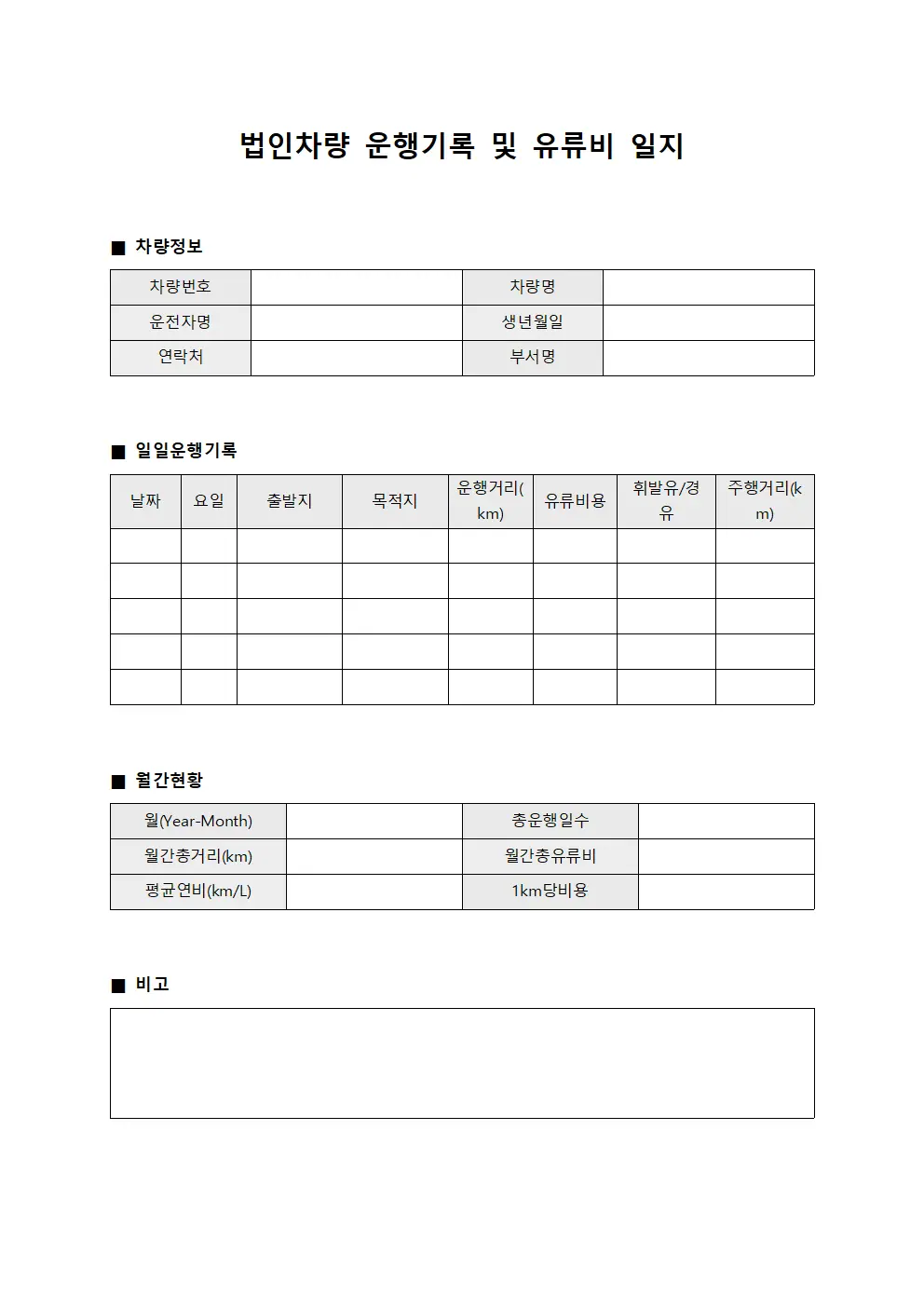 법인차량 운행기록 및 유류비 일지 양식문서