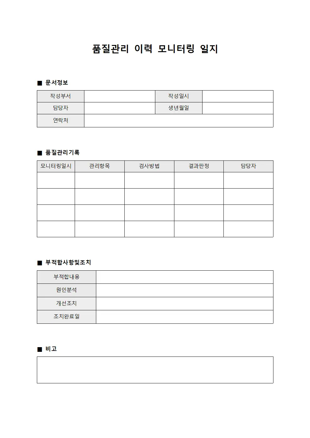 품질관리 이력 모니터링 일지