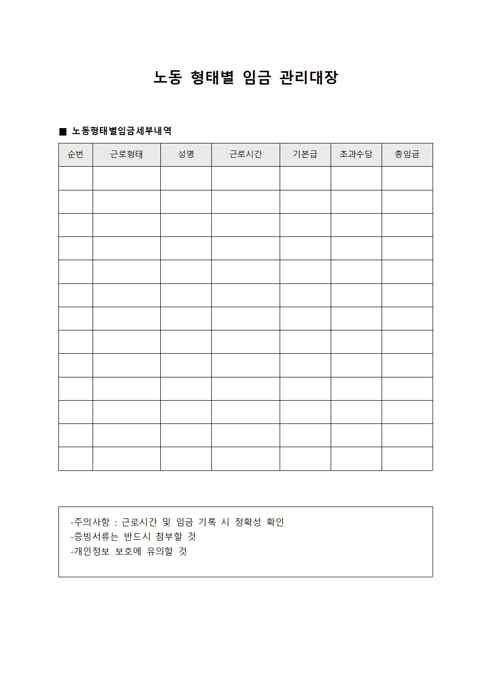 노동 형태별 임금 관리대장
