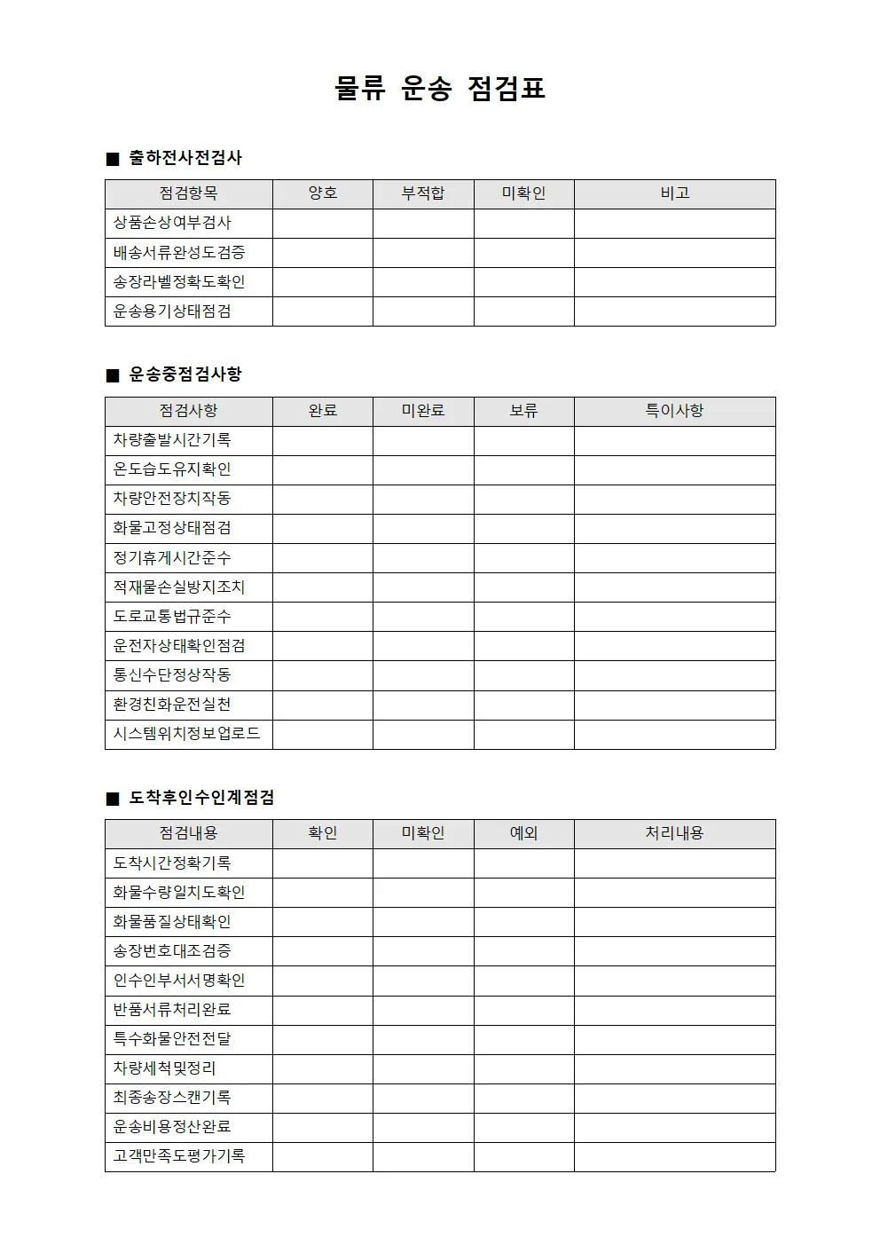 물류 운송 점검표