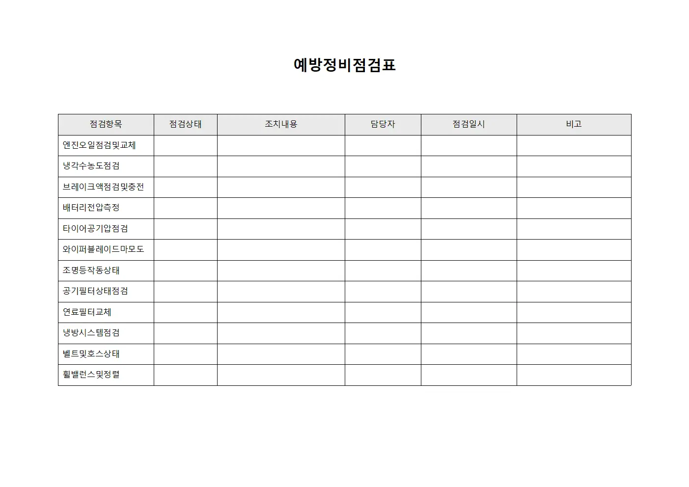 예방정비점검표