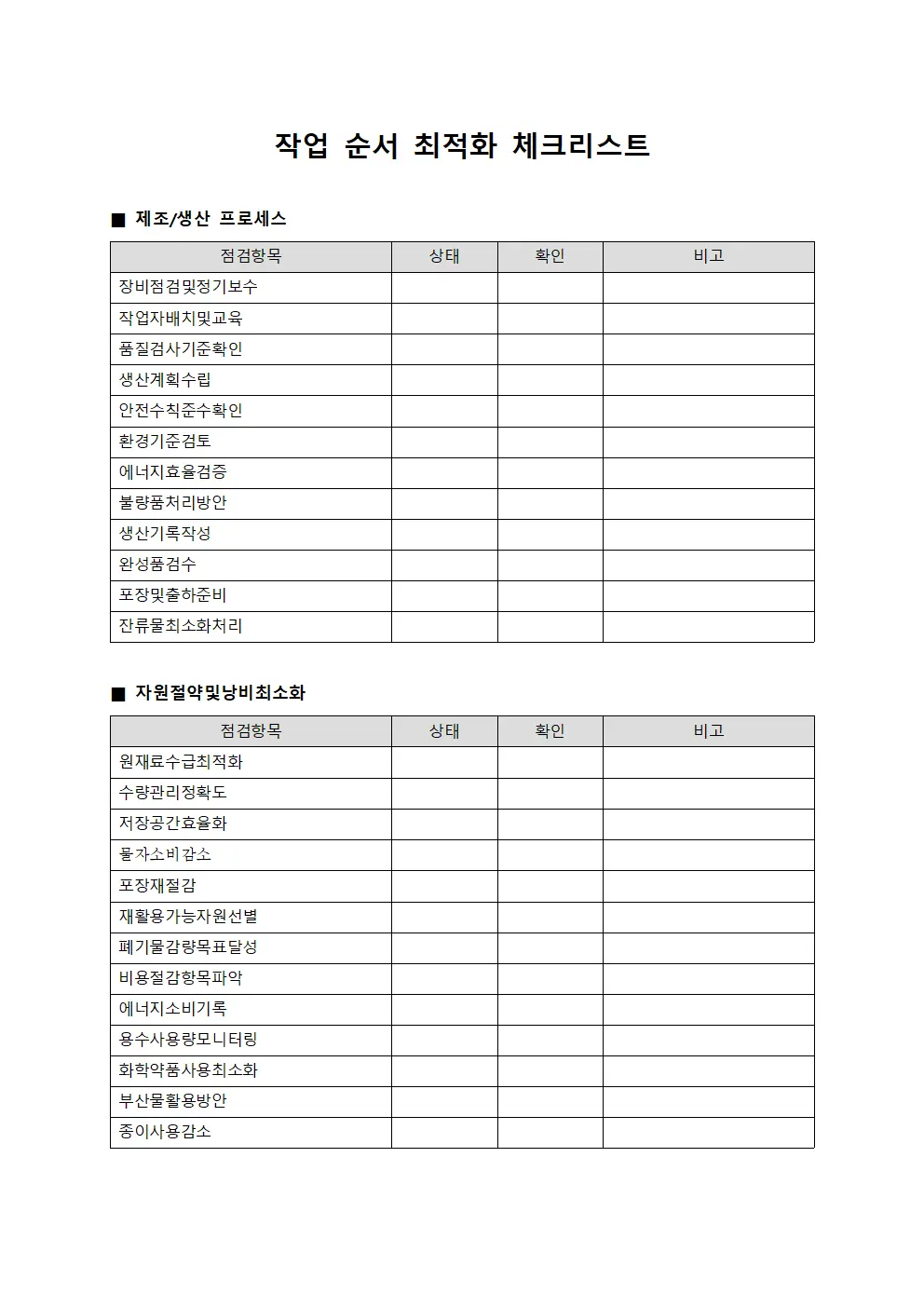 작업 순서 최적화 체크리스트 양식파일