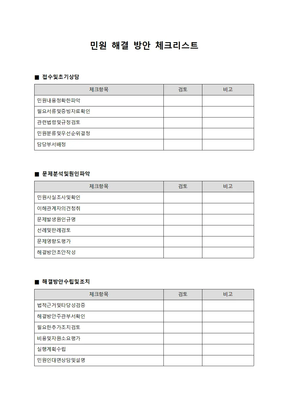 민원 해결 방안 체크리스트 서식문서