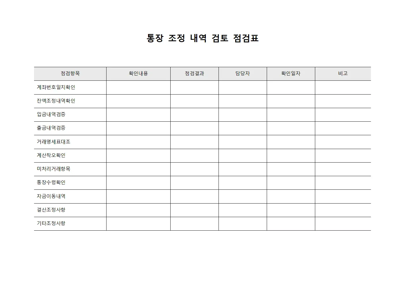 통장 조정 내역 검토 점검표