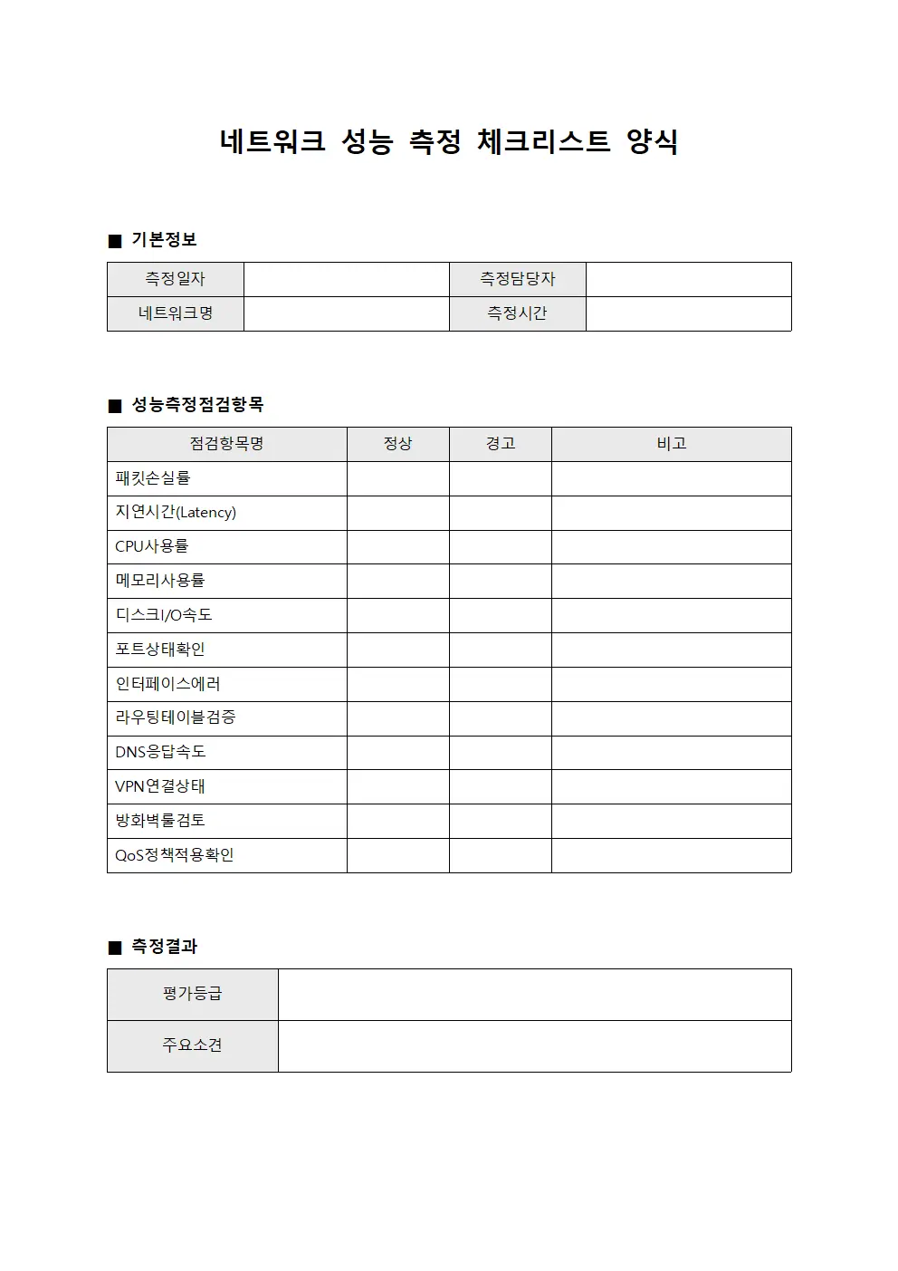 네트워크 성능 측정 체크리스트