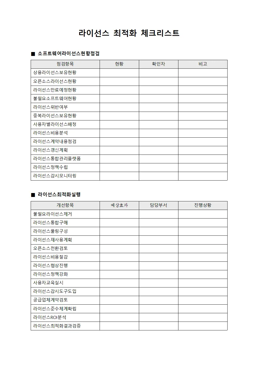 라이선스 최적화 체크리스트 서식