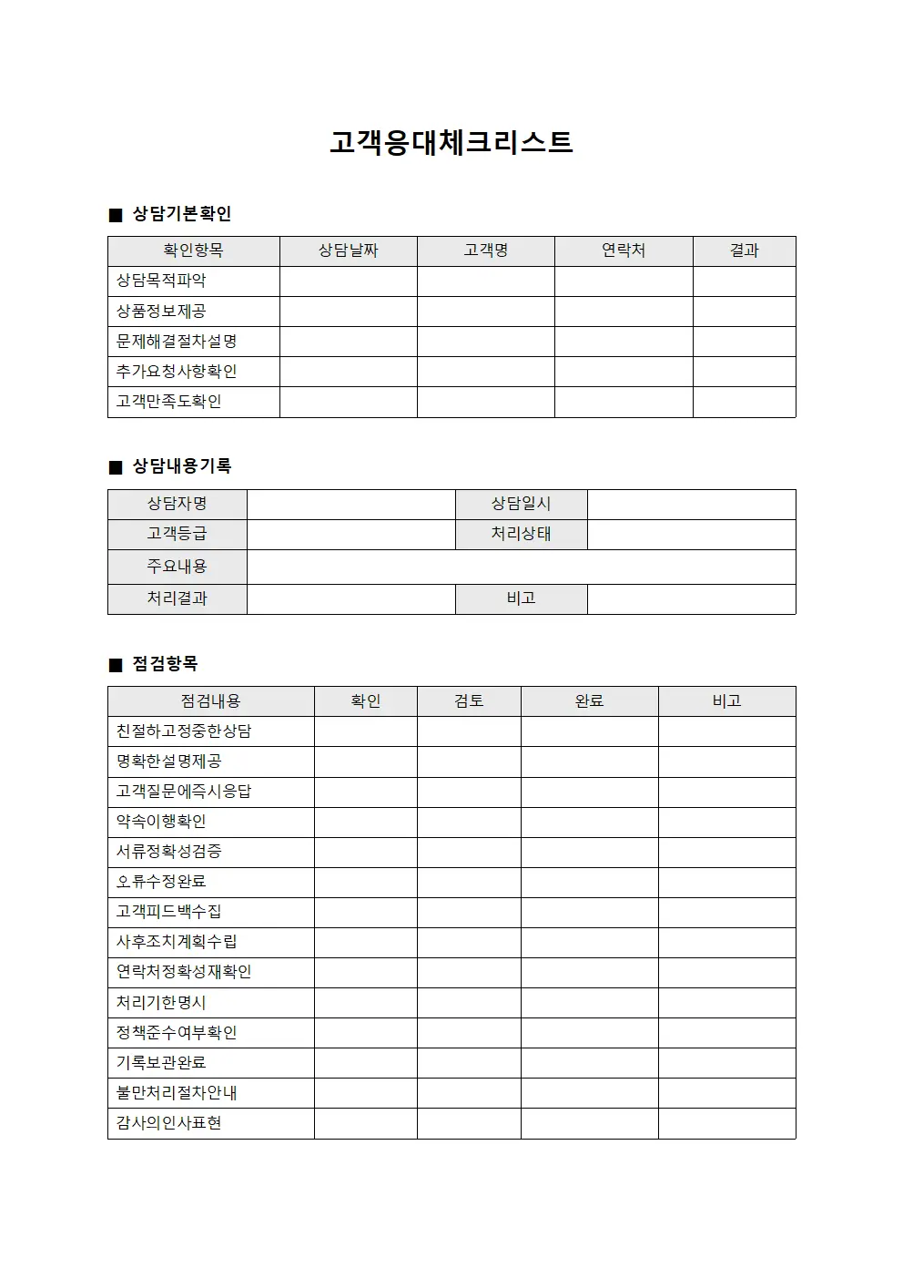 고객응대체크리스트 양식.서식