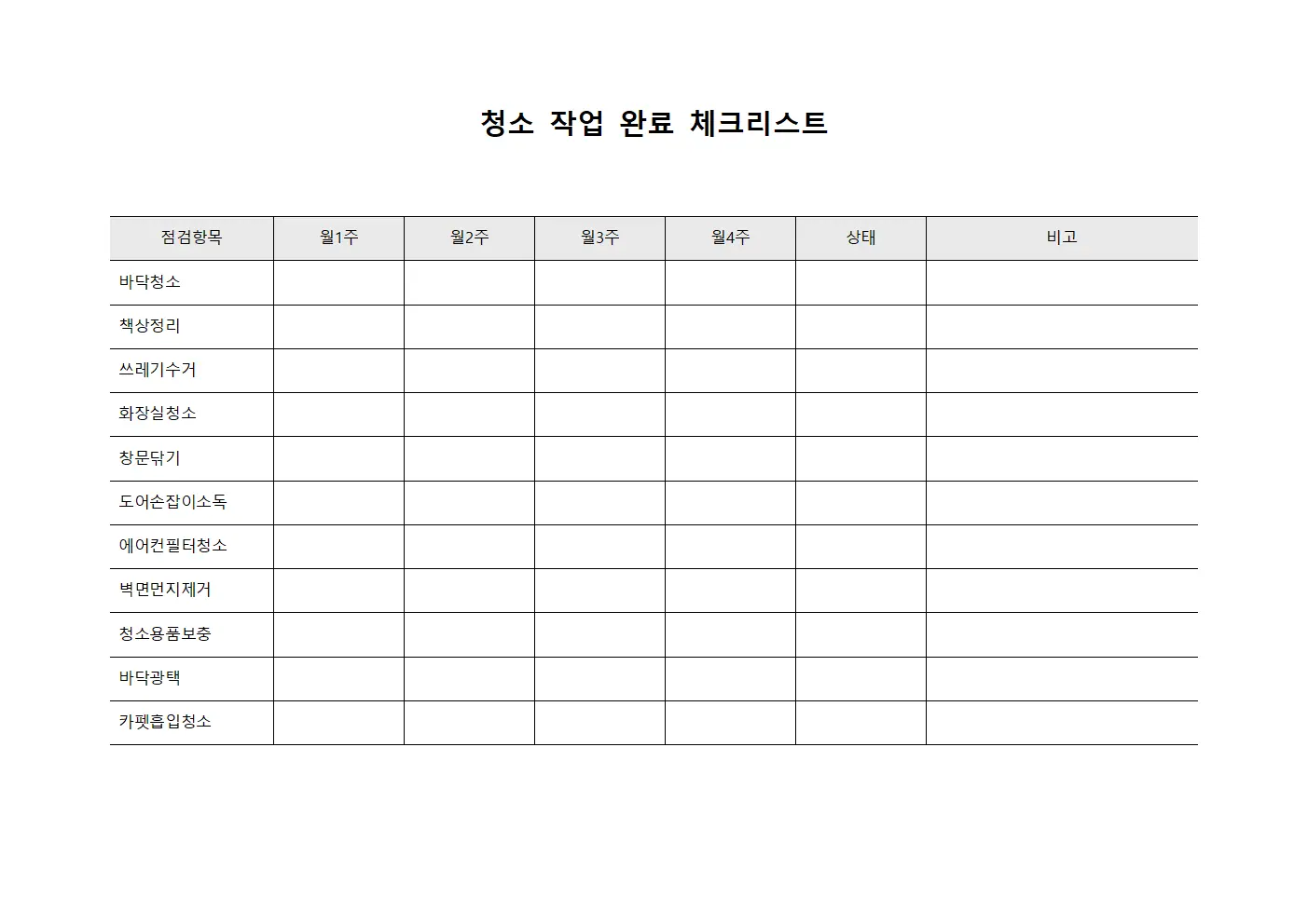 청소 작업 완료 체크리스트