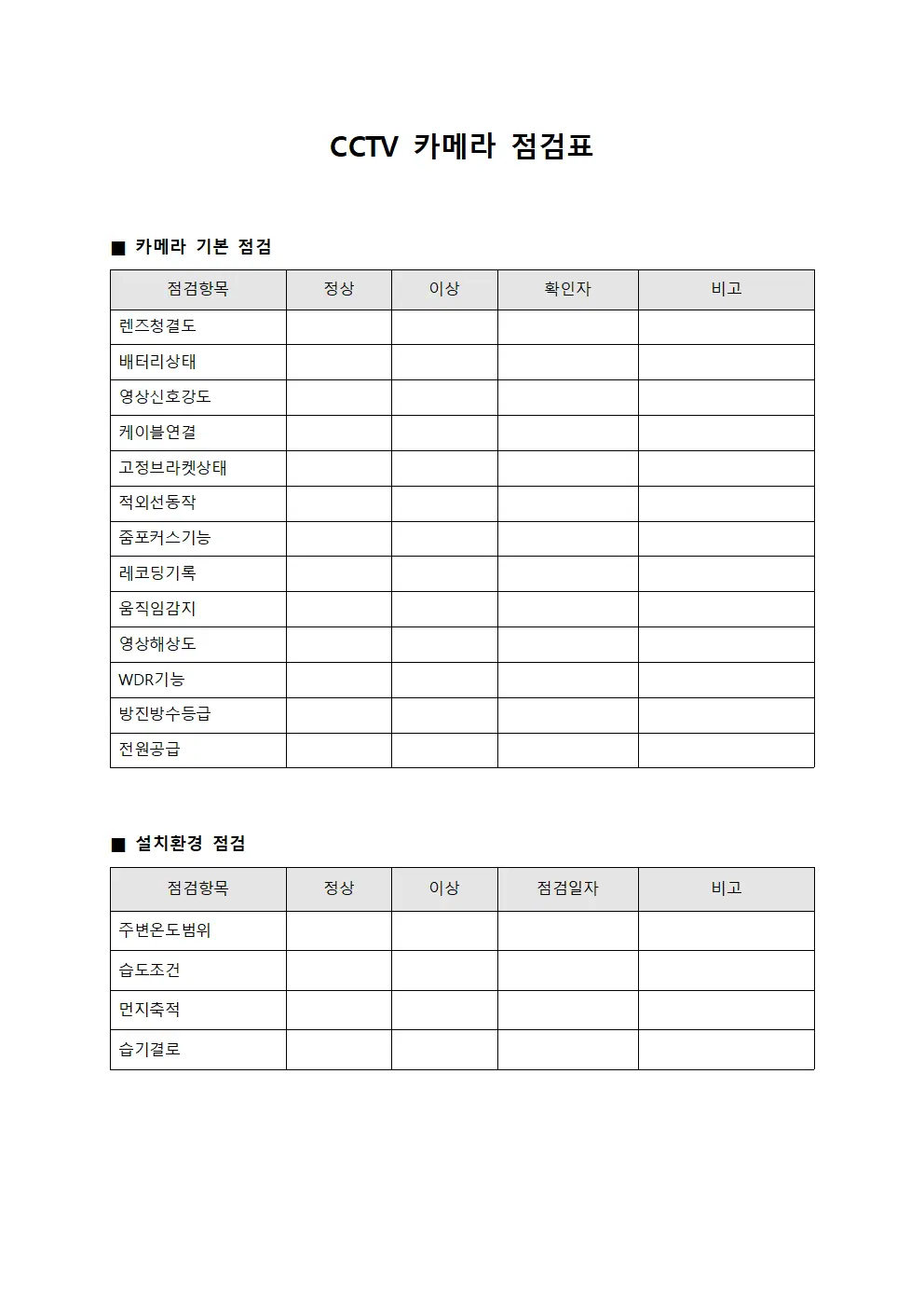 CCTV 카메라 점검표 서식