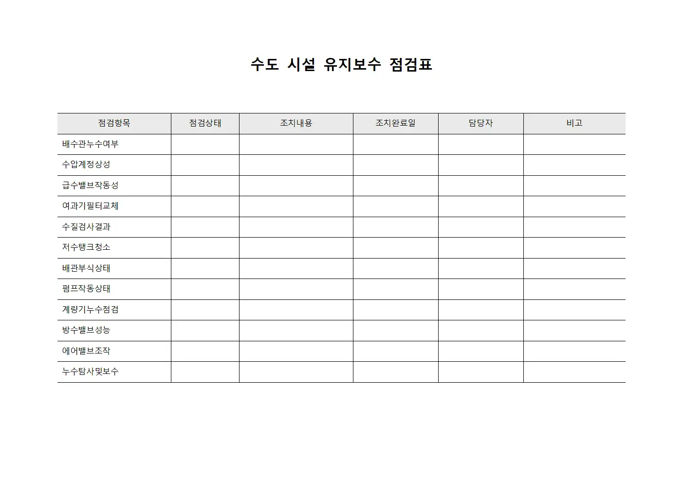 수도 시설 유지보수 점검표