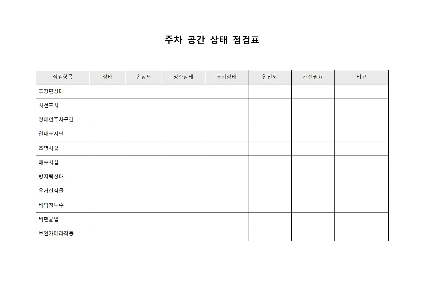 주차 공간 상태 점검표 템플릿 서식