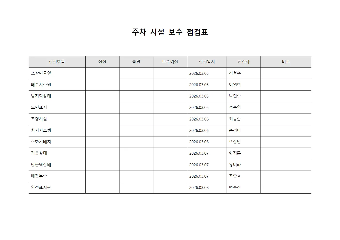 주차 시설 보수 점검표