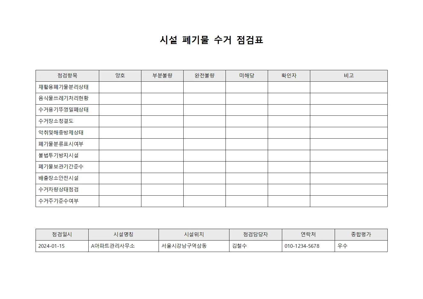 시설 폐기물 수거 점검표