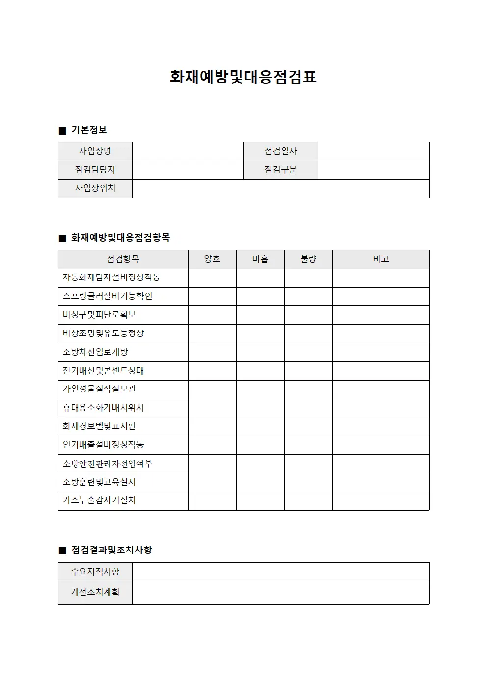 화재예방 및 대응 점검표