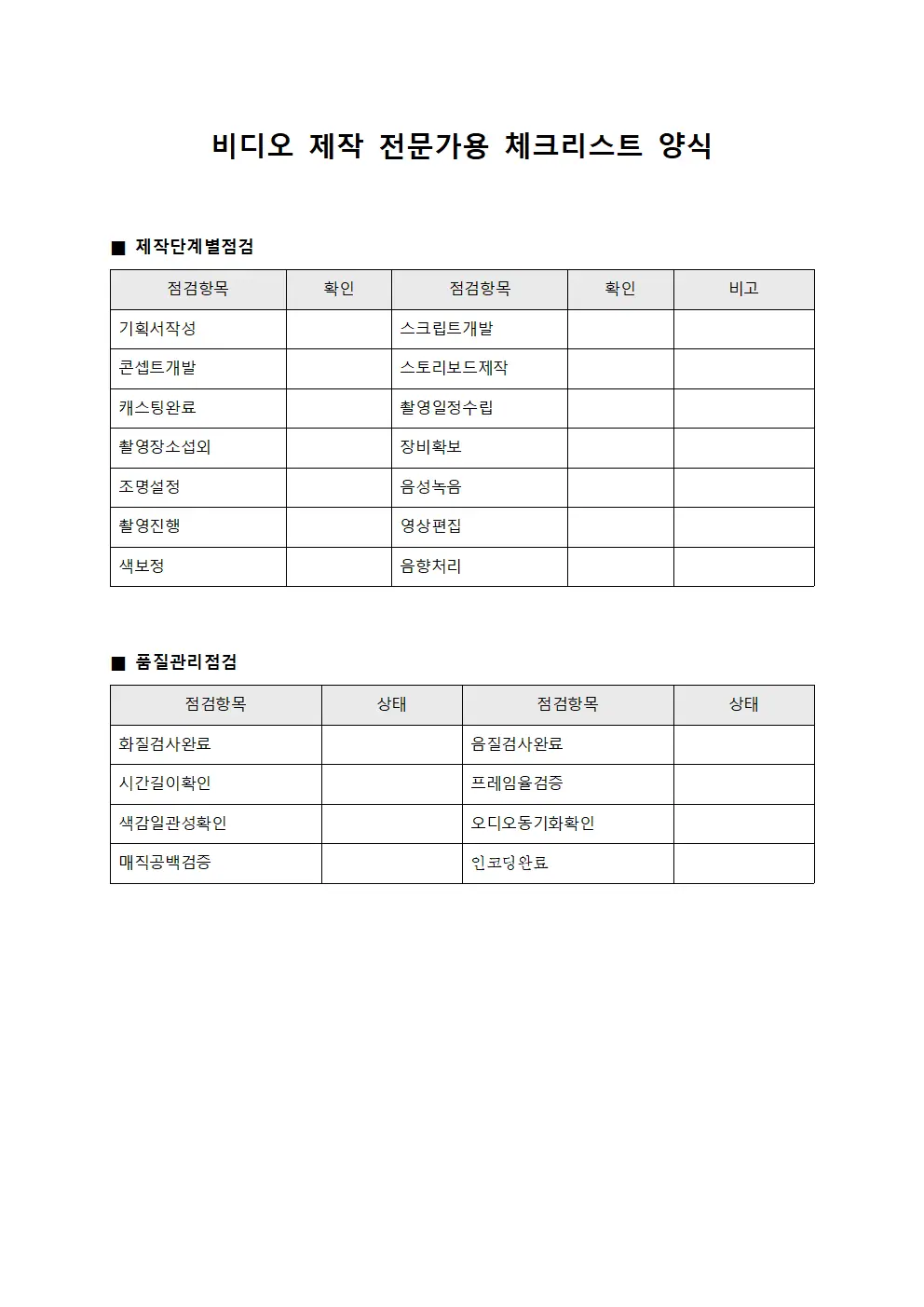 비디오 제작 전문가용 체크리스트