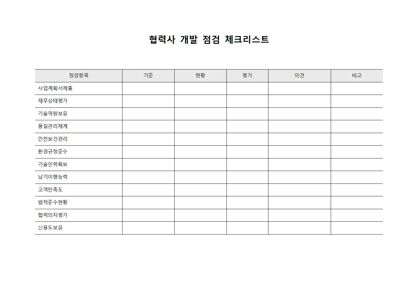 협력사 개발 점검 체크리스트 문서양식
